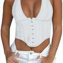 REORIA Women's Summer Sexy Halter V Neck Sleeveless Backless Trendy Y2k Going Out Corset Tank Crop Tops Size M