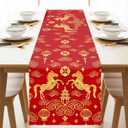 Red Gold Happy Chinese New Year Table Runner Zodiac Horse Lunar New Year Decorations 2026 for Spring Festival, Washable Dining Table Decor Placemats for Home Party Kitchen Celebration 13x90 Inch