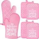 GROBRO7 6Pcs Funny Oven Mitts Pot Holders The Kitchen is The Heart of The Home Heat Resistant Hot Pad Machine Washable Gloves with Hanging Loop Pocket Hot Pad for Baking Cooking Pink