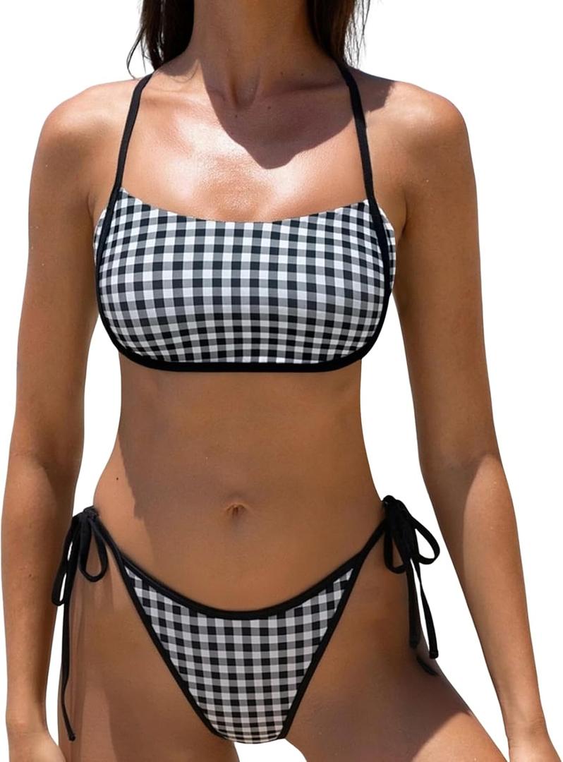 Sexybody Women Two Piece Bikini Sets Gingham Bandeau Swimsuits High Cut Tie Side Bathing Suit