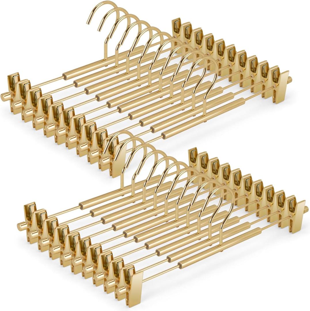 VWV 20 Pack Pants Hangers with Clips, 12.4 Inch Aluminum Skirt Hangers with 360 Swivel Hooks, Heavy Duty Space Saving Closet Hangers for Jeans, Slacks, Shorts (Gold)
