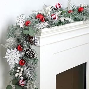 Solsew 6 Feet Snow Flocked Christmas Garland for Mantle White Garland with Silver White Balls Snowflake Pine Cones for Fireplace Table Centerpiece Front Door Staircase Decoration(Silver, Green, Red)