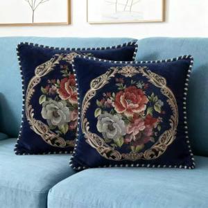 Set of 2 Blue Vintage Embroidered Throw Pillow Covers for Sofa Couch, Cushion Covers 18x18 inch Headboard Pillow Euro Sham Covers for Living Room