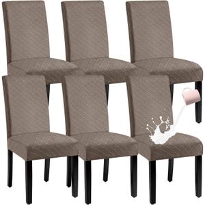 Waterproof Dining Chair Cover,Spandex Fabric Fit Stretch Chair Slipcover,Removable Washable Jacquard Parsons Chair Covers (Taupe,Set of 6)