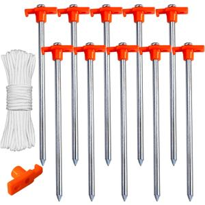 ABCCANOPY 15 Inch Tent Stakes 10 Pcs Non-Rust Metal Ground Anchors, Heavy Duty Spikes with 4 Ropes for Outdoor Camping, Orange