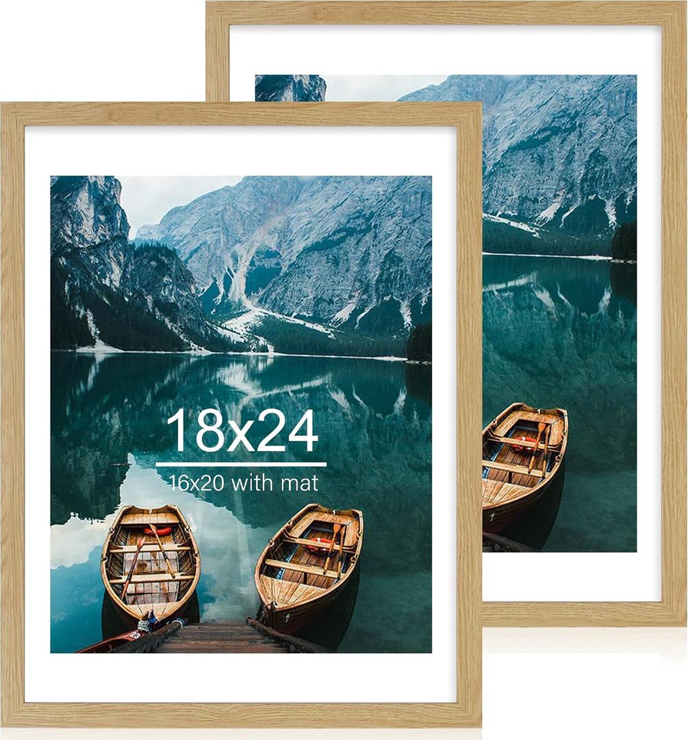 Hongkee 18x24 Frame Set of 2, Natural Oak Wood Style - Display 18 x 24 Poster without Mat or 16x20 Picture with Mat, Wall Mounting Horizontal and Vertical