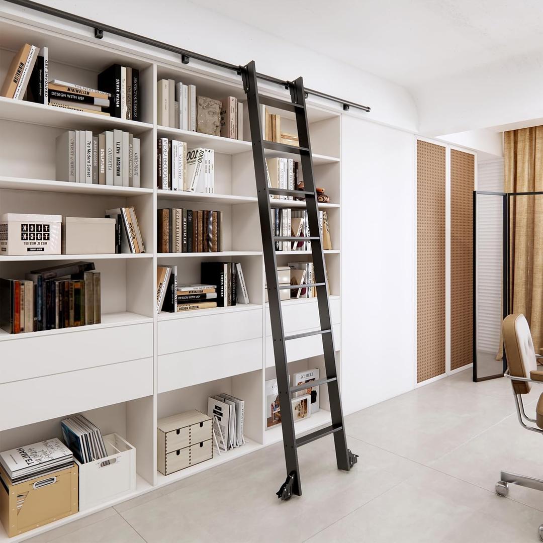 96" Black Sliding Library Ladder with 4FT Telescopic Hook Track  Lightweight Aluminum Rolling Ladder with Braking Wheels, Kit for Home, Loft, and Bookshelves