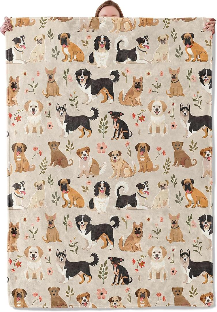 Cute Dog Breeds Theme Blanket Gifts for Women Girls, Soft Warm Lightweight Flannel Throw Blankets for Living Room Home Sofa Travel Decor 50" x 60"