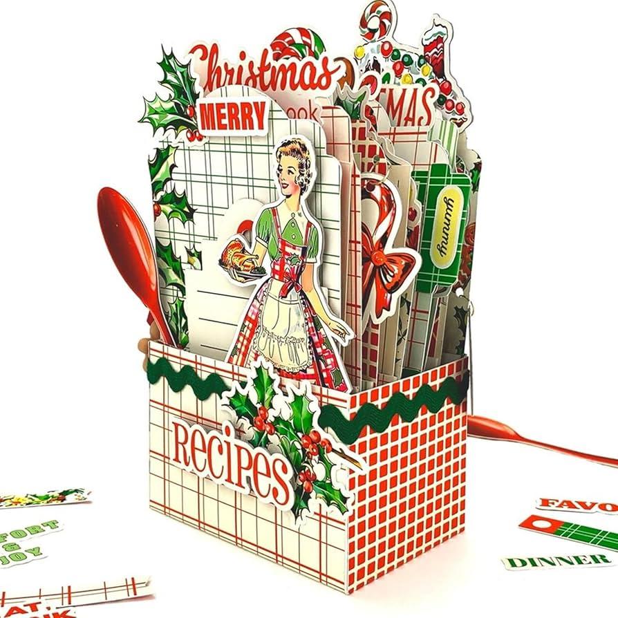 Harloon Vintage Christmas Recipe Card with Paper Holder Christmas Retro Decor Recipe Pocket with Cook Cards Gingerbread Candy Cane Sticker Xmas Vintage Recipes Tray for Holiday Holder Cookbook Gift Pack of 2