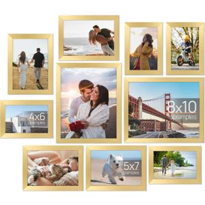 upsimples 10 Pack Picture Frames Collage Wall Decor for Mounting or Tabletop Display, Photo Gallery Frame Set for Family, Multi Sizes Including 8x10, 5x7, 4x6, Gold
