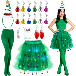 Janmercy 23 Pcs Christmas Tree Costume Set for Women Xmas Tree Costumes Accessories with Green Tutu Skirt Dress Headband Bulb Earrings Christmas Ball Clips Green Socks for Xmas Outfit Costume Cosplay