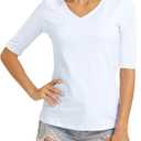 Women's Basic Half Sleeve V Neck T-Shirt Casual Solid Slim Cotton Top (X-Large) 241-White