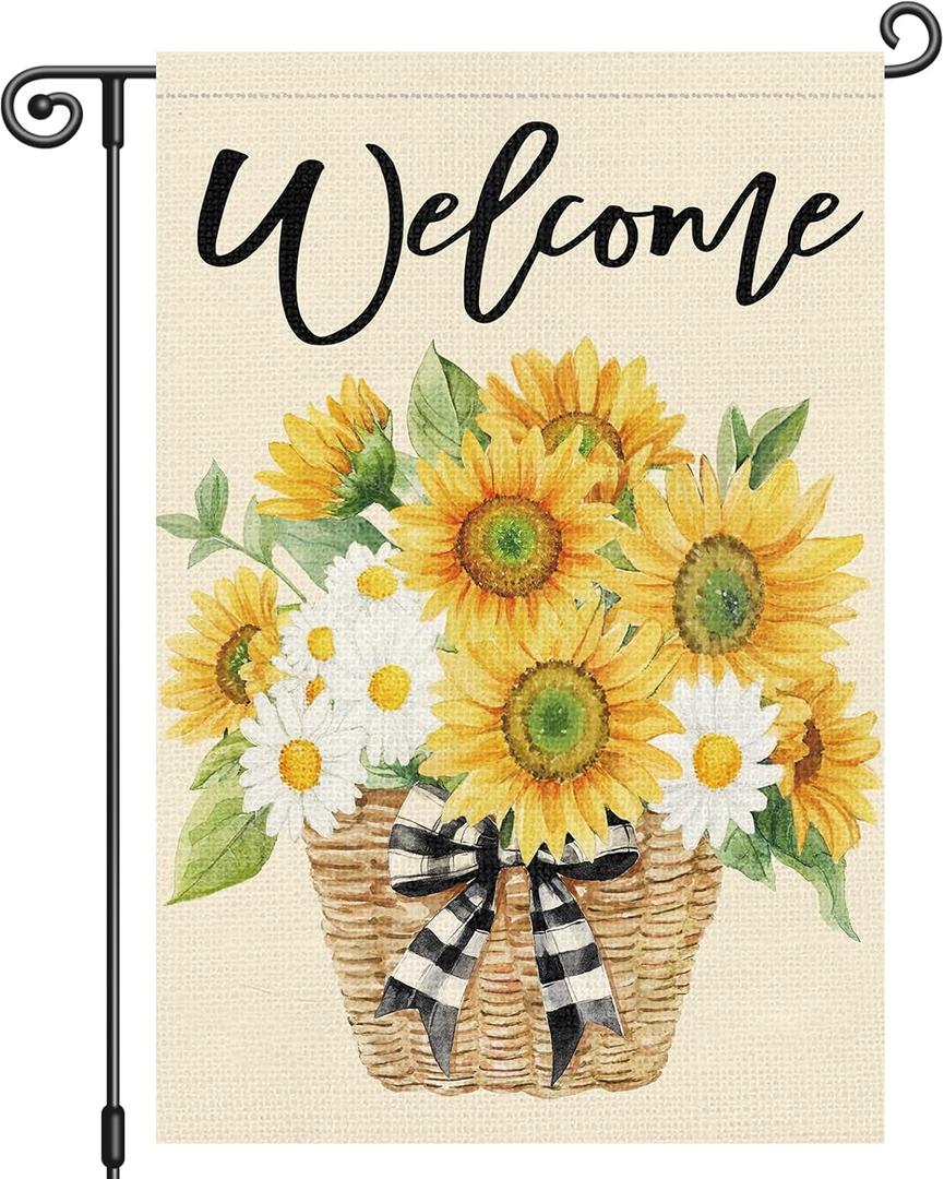 Louise Maelys Summer Spring Sunflower Garden Flag Welcome Daisy Floral 12x18 Inch Double Sided Small Burlap Holiday Yard Outdoor Plaid Sign Outside Home House Decoration