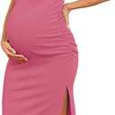 AISWI 2025 Women's Split Maternity Dress Fine Ribbed Ruched Pregnancy Clothes Baby Shower Dresses, M