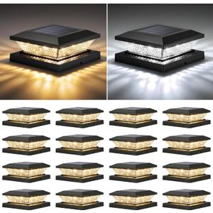 Mlambert 4x4 Solar Post Cap Lights Outdoor 16 Pack, Waterproof Solar Fence Light for Wooden/Vinyl Post, 2 Color Outside Deck Patio Porch Decor, Black