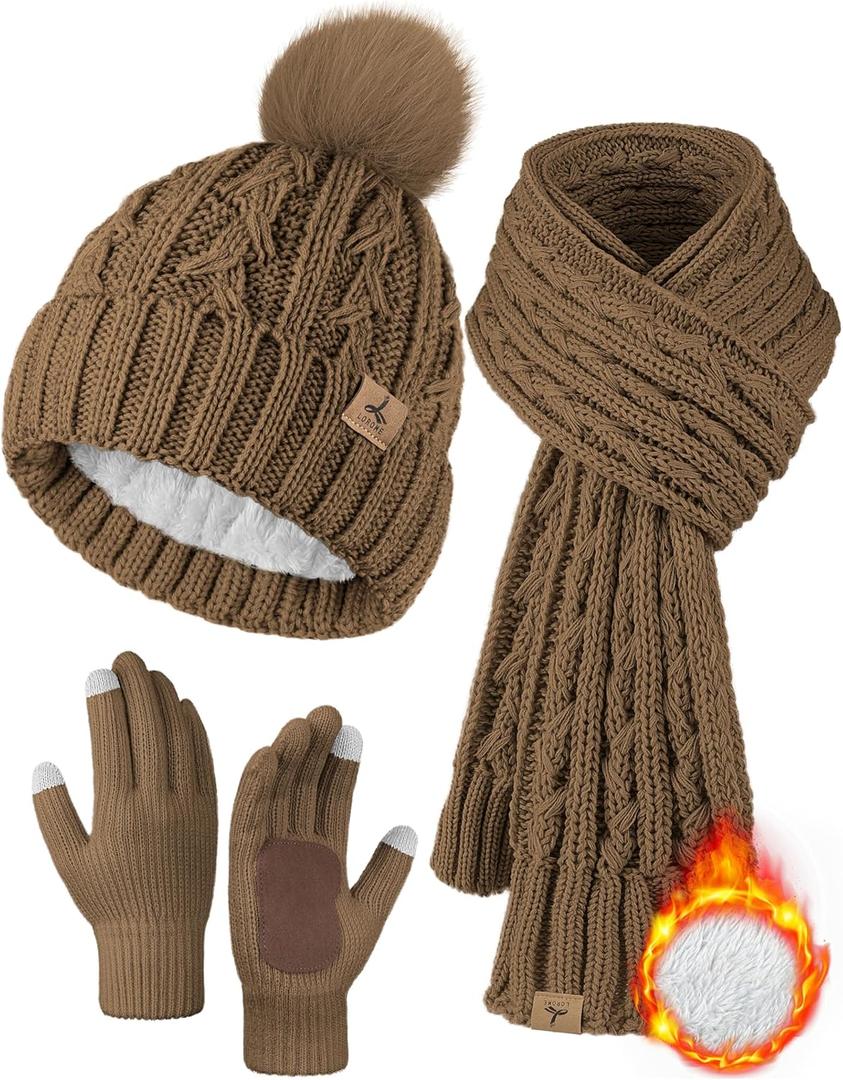 Winter Hat Scarf Gloves Set,Fleece Lined Pom Pom Beanie Hat Warm Knit Long Scarf Touchscreen Gloves Winter Gifts for Women (Brown)