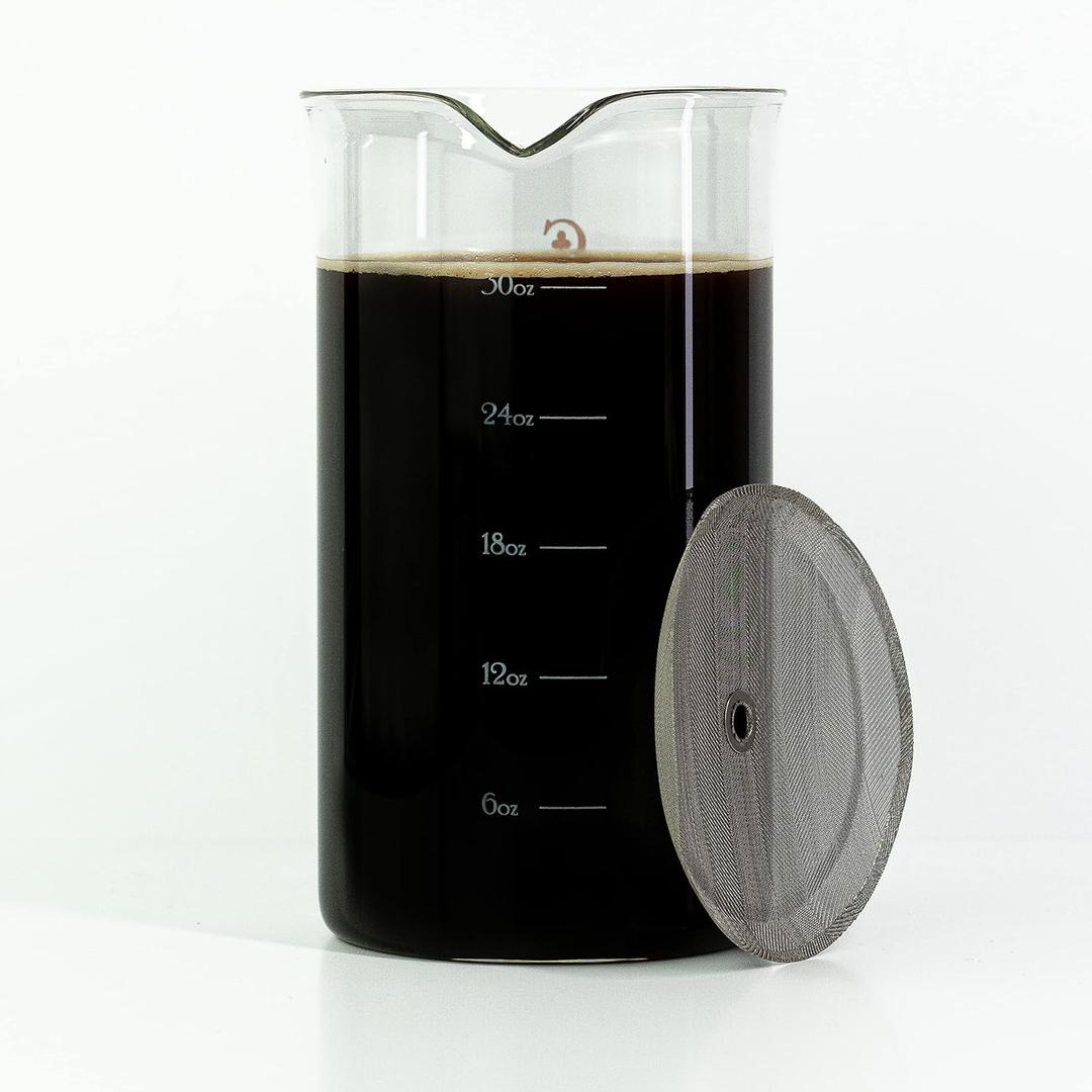 French Press Replacement Glass with Steel Filters by Cafe Crush Club - Fire Hardened Borosilicate Beaker - 34 Ounce | 1 Liter Size with White Measures
