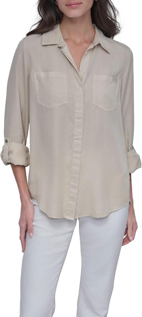 DKNY Women's Splitback Long Sleeve Button Down with Cuffed Sleeve Shirt M