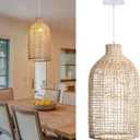 Arturesthome Farmhouse Pendant Light for Kitchen Island,Rattan Chandelier Lighting Woven Lampshade for Living Room Bedroom (11.8in x 21.6in Beige Iron Frame)