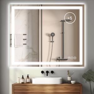 LED Bathroom Mirror 36 x 30 Inch Anti-Fog Bathroom Mirror with Led Illuminated Mirror, Wall Mounted Lighted Vanity Mirrors for Wall with 3 Colors Dimmable, Touch Switch Smart Mirror