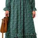Dokotoo Boho Dresses for Women 2025 Casual Floral Square Neck Long Sleeve Smocked Elastic Waist Tiered Ruffle Hem Maxi Dress (Green)