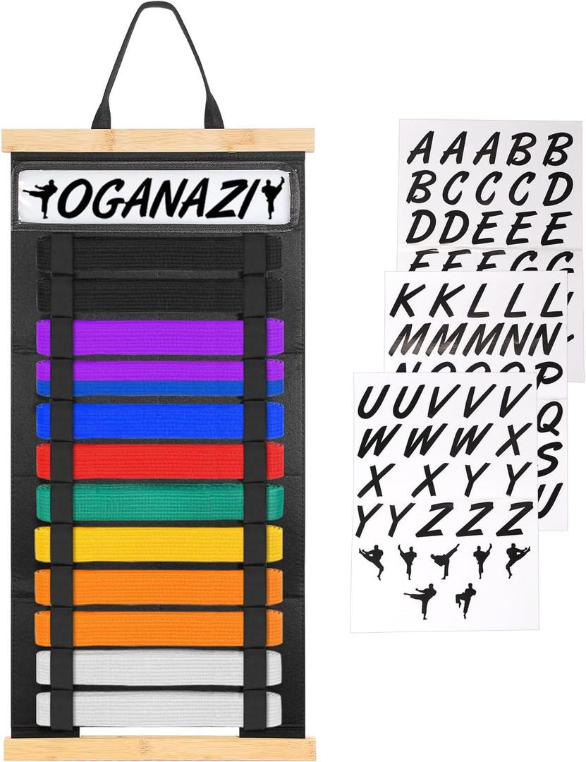 Martial Arts Belt Display Holder - 12 Belts Karate Belt Display Rack with Personalized Stickers, Karate Taekwon do Jiu Jitsu BJJ Belt Display Hanging Holder for Martial Arts, BJJ Learners