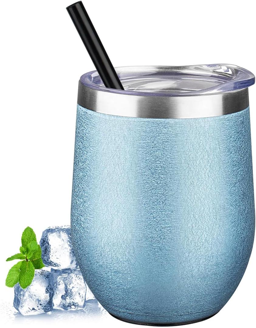 12 oz Insulated Wine Tumbler with Lid and Straw Double Wall Vacuum Insulated Wine Cup Stainless Steel Wine Tumbler Glasses for Coffee,Cocktail,Office (Wrinkle Paint Sea Blue,1)