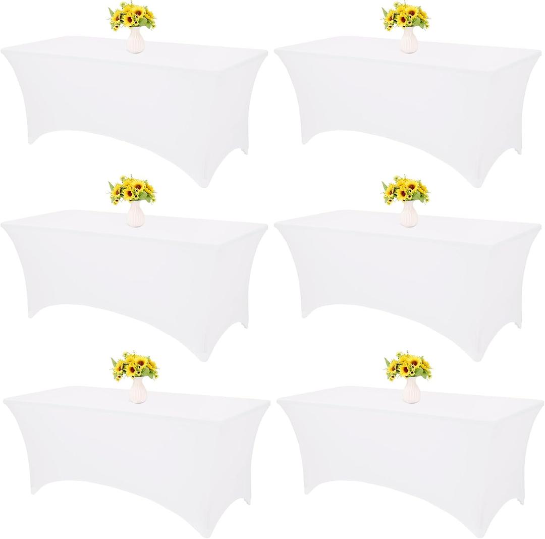 HAISIWLKJ 6 Pack Table Cloth 8ft White Tablecloths for Rectangle Folding Table Spandex Fitted Stretch Cover Wrinkle Resistant Washable Protector for Party, Wedding, Banquet, Festival.