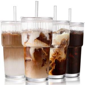 Iced Coffee Cups with Lids: Coffee Bar Accessories - Ribbed Glass Tumbler with Straw and Lid 3Pcs - 20oz Leak Proof Tumbler - Reusable Glass Cups and Tumblers with Lid and Straws for To Go Iced Coffee