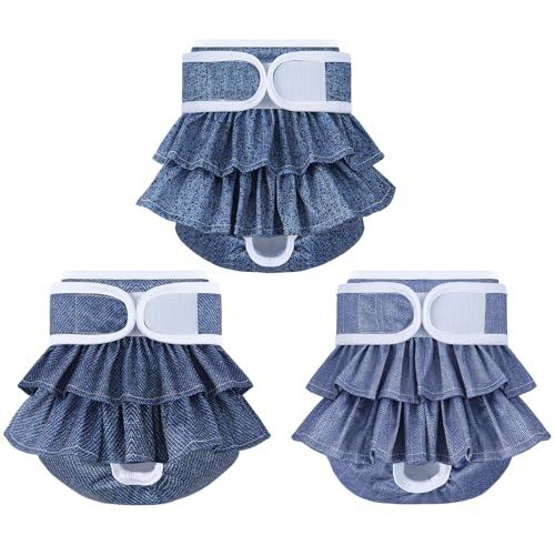 Reusable Dog Diapers Female 3 Pack Doggie Diapers for Period Heat Incontinence Puppy Training (X-Small, Jeans)