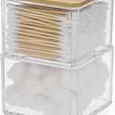 Hipiwe Clear Q-tip Dispenser Holder Acrylic Bathroom Containers 2-Tier Square Apothecary Jar with Lid Canister Cotton Swab and Ball Holder Vanity Storage Organizer for Cotton Round and Pads, Floss