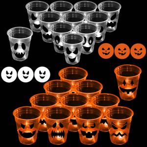 22 Pcs Halloween Glow Pumpkin Party Game Set,16 oz Light Up Pong Cups for Halloween Ghost Theme Party with 6 Halloween Theme Balls, Halloween House Parties Holidays Game (Orange&White)