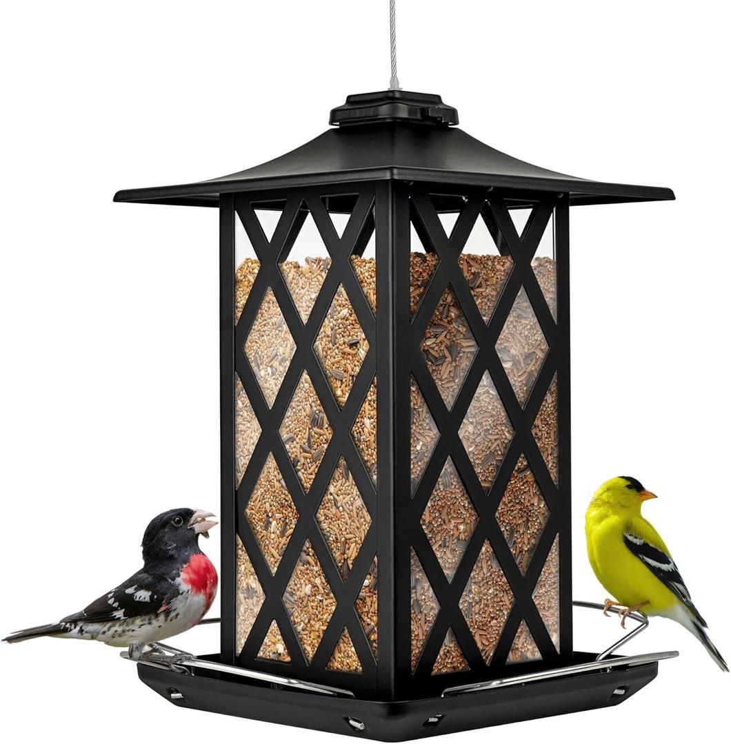 Nature's Way Outdoor Garden Dcor Hanging Wild Bird Seed Feeder, Metal Lantern Gazebo Feeder, Easy Fill, Rain Drainage, Black