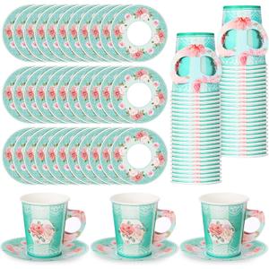 Zopeal 100 Pcs Disposable Tea Party Decorations 9 oz Floral Paper Cup with Handle and Saucer Set for Mother Day Wedding Birthday Spring Princess Blossom Party Baby Shower Supplies(Light Blue)