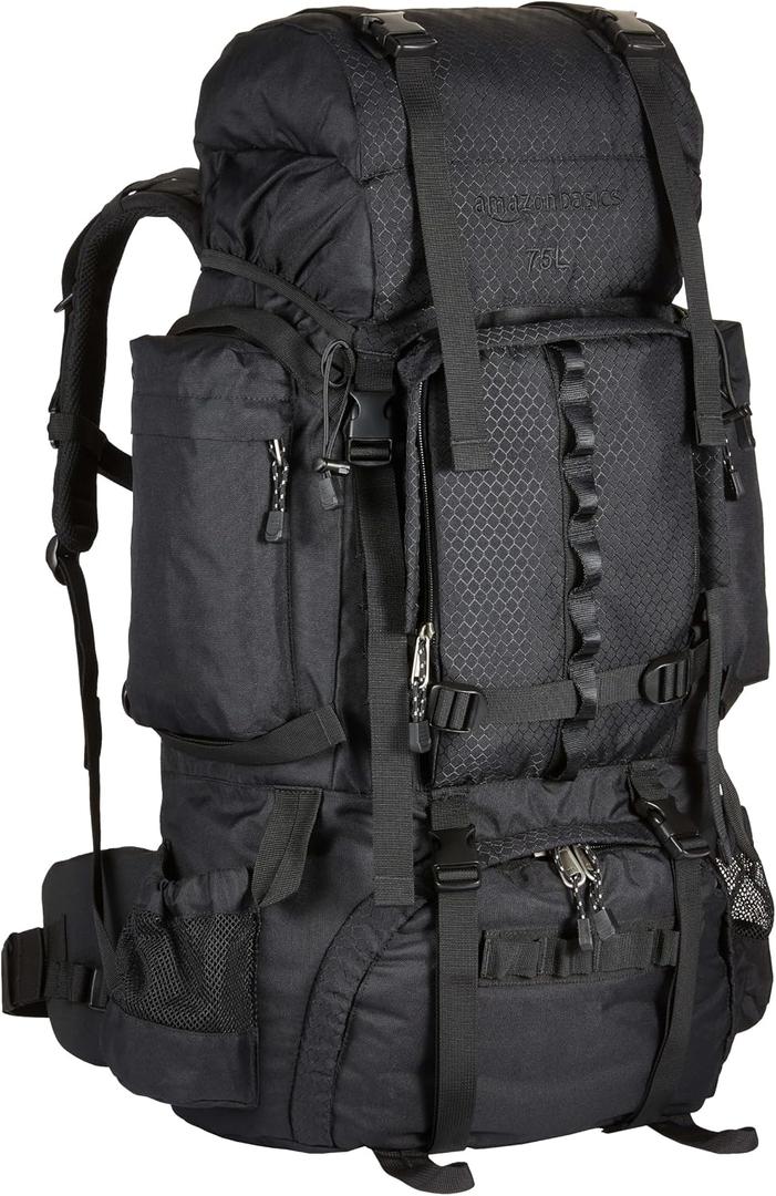 Amazon Basics Internal Frame Hiking Backpack for Camping and Backpacking, Adjustable Straps, Rainfly Included, 75 Liters, Black