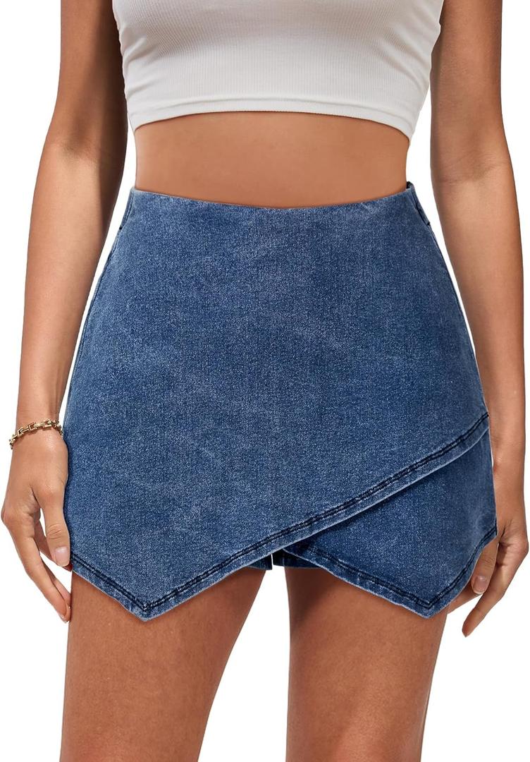 luvamia Jean Skorts for Woman High Waisted Pull On Stretchy Denim Wrap Skirt with Shorts Trendy Asymmetrical Skort (Large, Classic Blue)