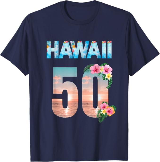 Hawaii 50th Birthday Hawaiian Aloha Beach Hibiscus T-Shirt, M 