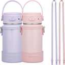COKTIK 2 Pack Kids Water Bottle with Straw, 14oz Insulated Stainless Steel Tumbler, Leak-Proof Locking Lid for School, Lunchbox, Outdoor Sports, Case with Shoulder Strap(2 Pack, Pink+Purple)