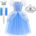 Princess Dress for Girls Puff Sleeves Princess Costume Blue Fancy Dress Up for Halloween Cosplay Party Carnival (3T/100)