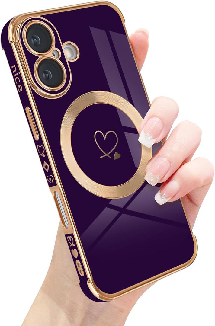 for iPhone 17 Magnetic Case, Luxury Cute Love Heart Pattern Plating Edge Case for Women Girls Soft TPU Bumper Anti-Scratch Shockproof Protective Case Cover for iPhone 17-Dark Purple