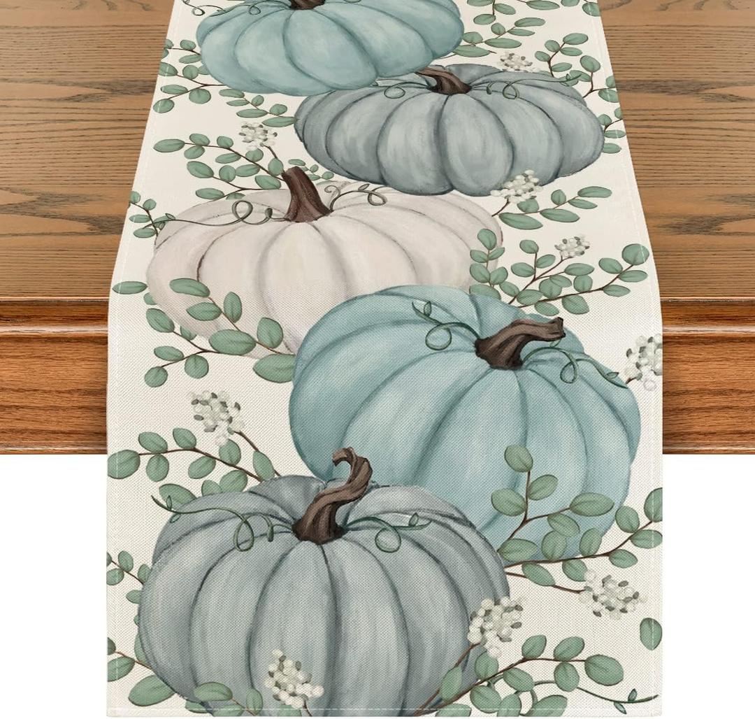 Artoid Mode Pumpkins Eucalyptus Leaves Fall Table Runner, Autumn Thanksgiving Kitchen Dining Table Decoration for Home Party Decor 13x120 Inch (Teal)
