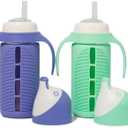 Tabor Place Set of 2 - Glass Sippy Cup for Toddlers - The Luca | Mint Green & Indigo Purple | Spill-Proof | Silicone Straw | 8 oz | Liquids Never Touch Plastic | Removable Handles