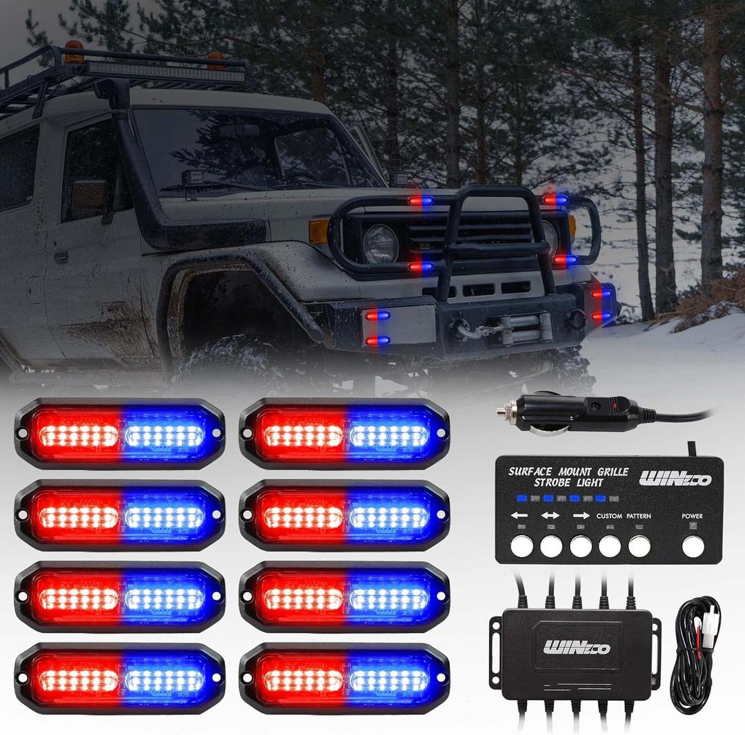 WINECO Police lights for vehicles, 8PCS LED Surface Mount Strobe Lights Kit Emergency Safety Warning Flashing Grill Grille Lighthead Assembly for Emergency Trucks Vehicles Cars construction Red Blue
