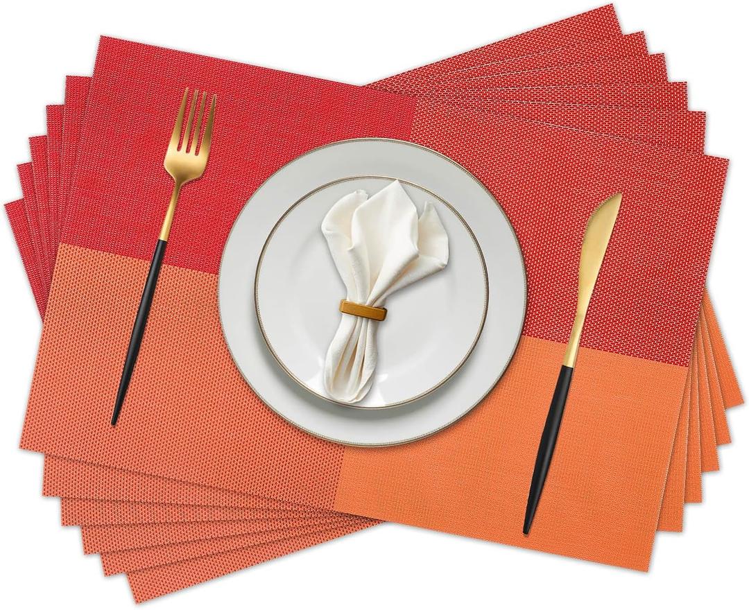 Vinyl Plastic Placemats Set of 6 Washable Heat Resistant Non-Slip Elegant Indoor Outdoor Kitchen Dining PVC Woven Table Place Mats (Orange Red Lattice Block)