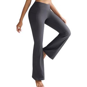 RUNNING GIRL Womens Ribbed V Crossover High Waist Yoga Pants Flare Leggings for Women with Side Pockets Size L