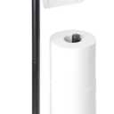 Toilet Paper Holder Stand, Free Standing Toilet Paper Holder with Storage and Top Shelf, Black Toilet Paper Stand Weighted Base with Bamboo Design for Bathroom