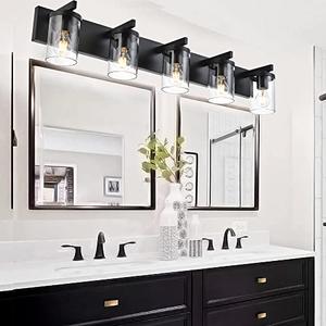 BONLICHT Industrial 5 Light Wall Mount Lighting Sconces Bathroom Vanity Light Matte Black Metal with Clear Glass Shade,Modern Farmhouse Wall Lamp Indoor Bath Wall Lamp Fixture Over Mirror