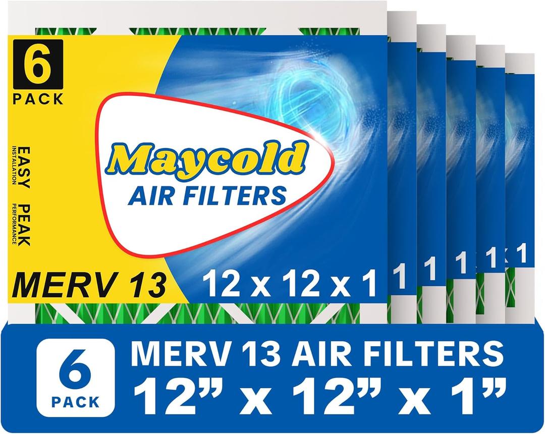 Maycold MERV 13 12x12x1 Air Filter (6-Pack), High-Efficiency Pleated AC & Furnace Filters, Actual Size: 11.70 x11.70 x 0.75, Individually Wrapped in Plastic