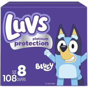 Luvs Size 8 Baby Diapers, Platinum Protection Bluey Diapers for Day & Night, 108 Count