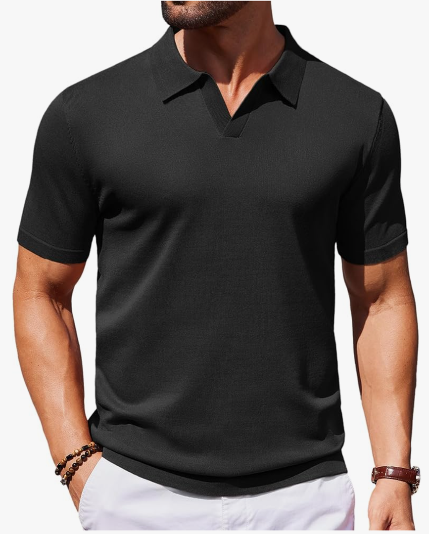 COOFANDY Men's V Neck Short Sleeve Stretch Knit Polo Shirt, XXL